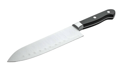 Sharp kitchen knife angled slightly on a plain background