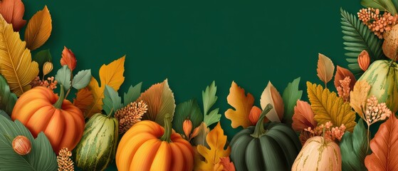 Colorful autumn harvest scene with pumpkins gourds leaves flowers and seasonal decorations on a vibrant background for fall celebration