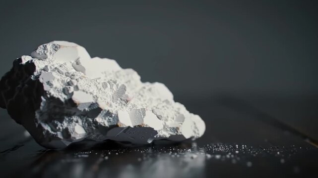 Closeup of a pile of white powder possibly drugs or a chemical substance on a dark surface highlighting the texture and composition of the material.
