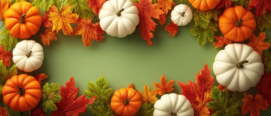 Vibrant autumn scene with colorful leaves and white and orange pumpkins arranged in a circular pattern on green background