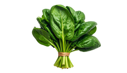Fresh spinach bunch, dark green leaves tied, isolated on black