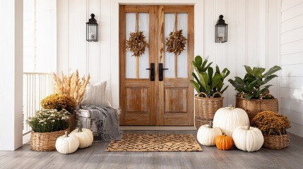 Warm Welcome Doorway Decor with Wreaths and Pumpkin Arrangements Creating Cozy Autumn Entrance in Bright Farmhouse Style