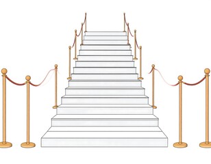 A straight, white staircase with gold stanchions and red velvet ropes on either side, leading upwards