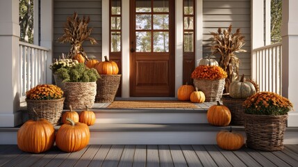 Cozy autumn porch decorated with pumpkins, dried flowers, and fall accents for seasonal welcoming and festive outdoor decor