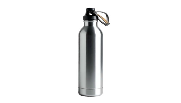 Sleek, silver metal water bottle with black lid