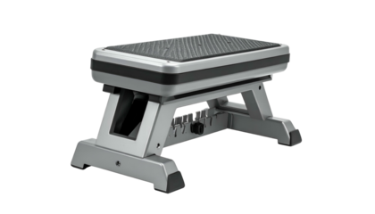 Gray adjustable workout bench for fitness on a black background
