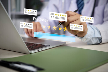 Medical doctor hand use stylus, check healthcare feedback. Virtual screen 5 star rating, patient...
