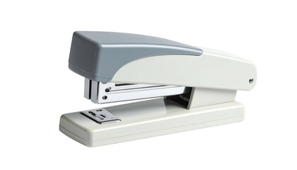 Beige stapler with gray top on black background, office supply