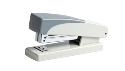 Beige stapler with gray top on black background, office supply