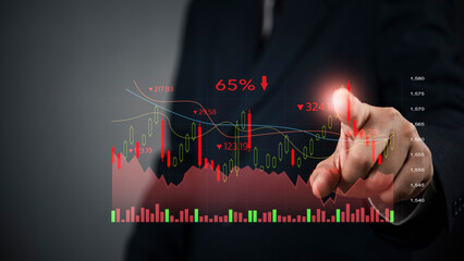 Businessman hand touch virtual screen stock market crash. Red graph chart downtrend, financial crisis. Economic recession, loss data analysis. Investment risk failure, bear market concept.