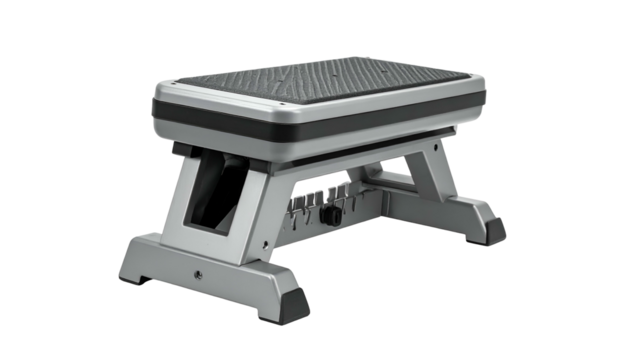 Gray adjustable workout bench for fitness on a black background