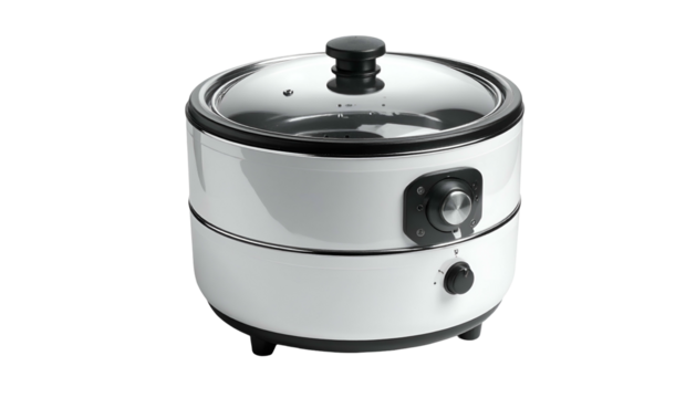 White electric cooker with clear lid on a black background
