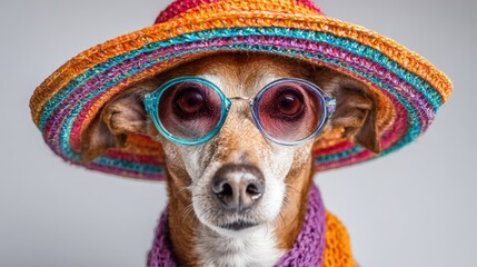 Adorable dog wea colorful sun hat and round glasses, stylish pet accessory, playful canine dressed up for summer fun or fashion