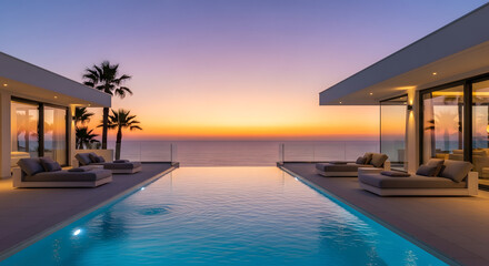 Fototapeta premium Infinity pool overlooking the ocean at sunset with palm trees and modern architecture villas view