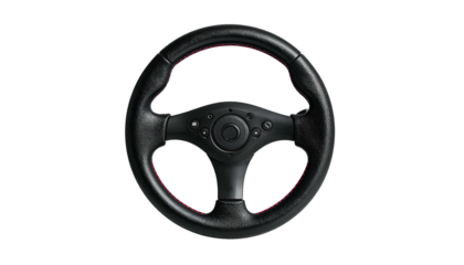 Black steering wheel with red stitching and center controls
