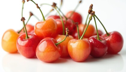 Pile of fresh Rainier cherries showing red and yellow gradient colors with stems on white background. Juicy sweet berries look ripe and delicious.