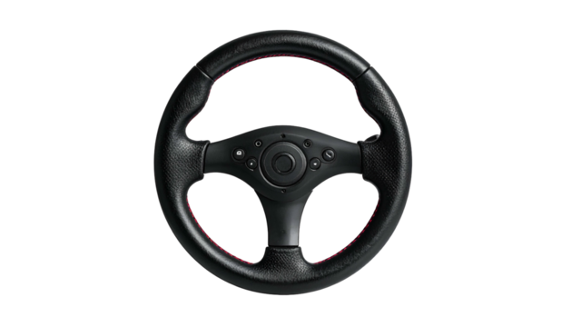 Black steering wheel with red stitching and center controls - Powered by Adobe