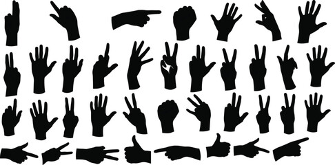 Hand gesture silhouettes, pointing, peace sign, open palm, fist, communication symbols, sign language artwork, expressive hands, cad drawing flat vector illustration