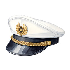 Watercolor illustration of a white naval officer hat isolated on transparent background
