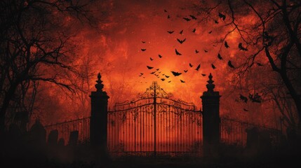 Spooky dark haunted graveyard scene with iron gate eerie atmosphere bats and leafless trees ominous sunset background