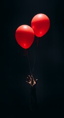 A disembodied hand reaches up from the darkness, grasping the strings of two bright red balloons, creating a stark contrast and a sense of unease and mystery