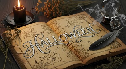 An ancient, open book with the word halloween written in ornate, metallic lettering, set on a wooden table with a lit black candle and dried herbs, evoking a mystical and spooky atmosphere perfect for