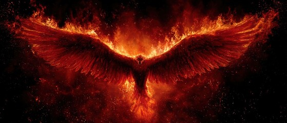 Stunning fiery phoenix with glowing wings soa through cosmic dark space surrounded by sparks and flames, symbolizing rebirth and renewal