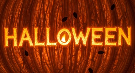 Spooky halloween text illuminated by a candle flame, set against the textured background of a pumpkin, with fallen leaves scattered around, evoking a festive and eerie atmosphere for the holiday seaso