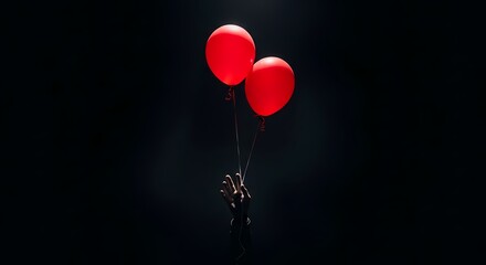 Two red balloons floating in the dark, symbolizing hope or celebration against a backdrop of mystery and the unknown, creating a visually striking and evocative image