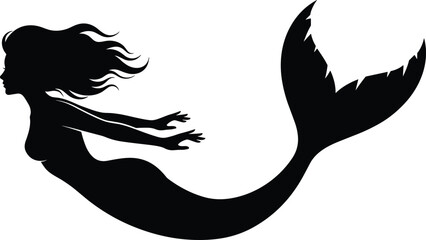 Mermaid silhouette illustration, mythical sea creature, fantasy artwork, ocean folklore, aquatic woman design, swimming pose, long hair, cad drawing flat vector illustration