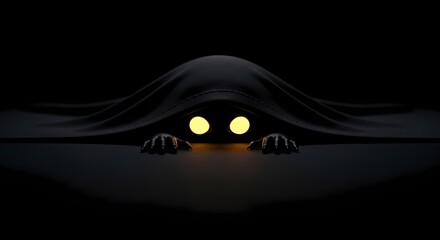 A shadowy figure with glowing yellow eyes and clawed hands peeking out from under a dark cloth, creating a sense of suspense and hidden danger