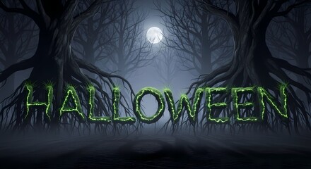 Eerie forest scene at night with a full moon, spooky gnarled trees, and glowing green halloween text, creating a chilling and atmospheric holiday invitation