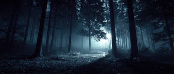 Enchanted Mystical Forest Scene with Tall Trees Dense Foliage and Mysterious Fog at Nighttime