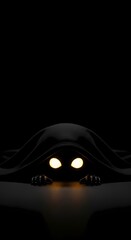 A shadowy figure with glowing yellow eyes peeking out from under a dark cloth, creating a sense of fear and the unknown