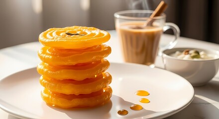 A stack of golden jalebi, a popular indian sweet, served on a white plate with a cup of chai and a small bowl of kheer in the background, creating a delightful dessert spread