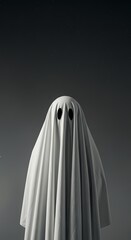 A minimalist, eerie portrait of a ghost figure draped in a white sheet with two dark eyeholes, standing against a dark, starry night sky, evoking a sense of mystery and the supernatural for halloween 