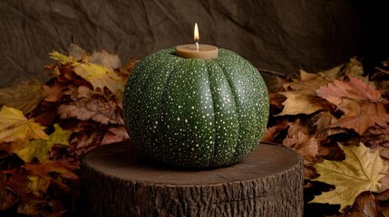 Unique green pumpkin with textured surface and candle holder on top, surrounded by autumn leaves on dark rustic background for fall decor