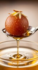 A single gulab jamun, a popular indian dessert, is presented on a spoon dripping with sweet syrup, garnished with slivered almonds and pistachios, evoking a sense of indulgence and traditional culinar