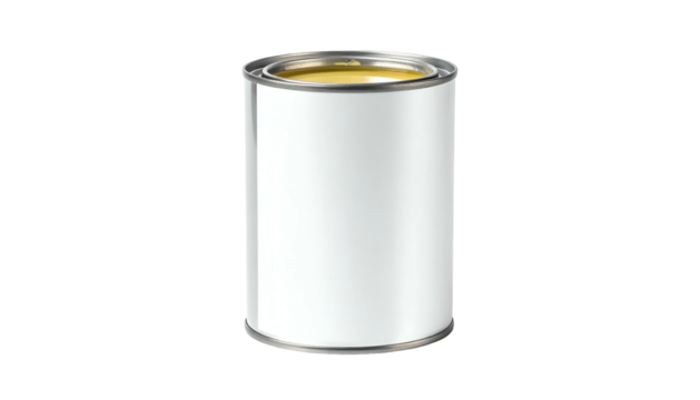Unlabeled white paint can filled with yellow paint on black background