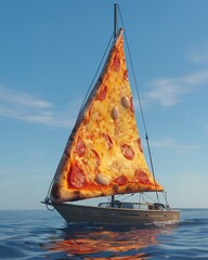 A whimsical sailboat with a pepperoni pizza slice as its sail glides across the calm blue ocean under a clear sky, its reflection shimmering on the waters surface, embodying a surreal and imaginative 