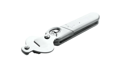 Sleek silver can opener isolated on black, handle extended