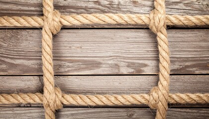 Fototapeta premium Background image featuring a rustic wooden fence or wall with a frame made of thick natural brown rope tied with square knots, providing a textured, vintage, and sturdy border for design or text