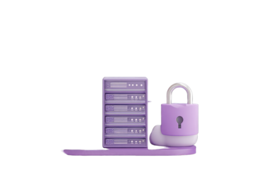 Purple server rack with padlock, cloud security concept