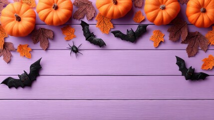 Vibrant Halloween Halloween Decorations with Pumpkins Bats and Leaves on Purple Wooden Background for Festive Celebration