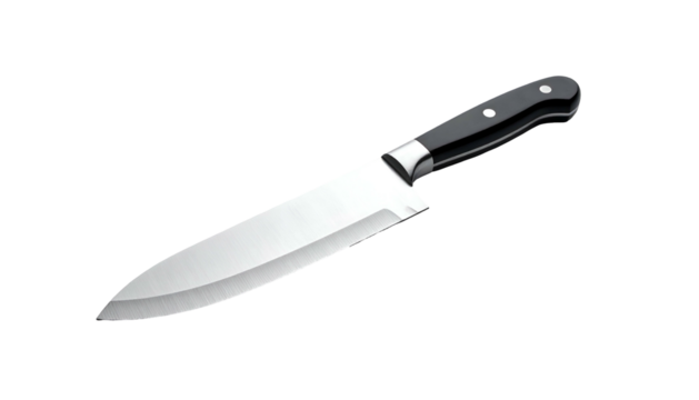 Sleek chef's knife with black handle isolated on black backdrop