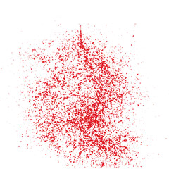 A scattered pattern of various sized red specks on a light gray background, resembling splattered paint or fine particles.