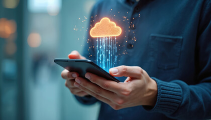 Man holds phone interacting with glowing cloud icon showing data transfer. Digital cloud computing connects to mobile device, data stream from network. Future tech network concept.