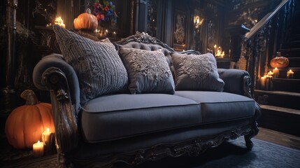 Elegant vintage dark blue velvet sofa with ornate wooden details in a luxurious gothic style room decorated with pumpkins candles and antique furniture