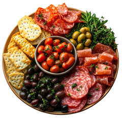 Fototapeta premium Assortment of appetizers on a round wooden platter