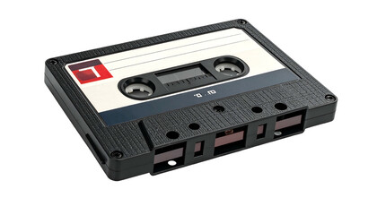 Obraz premium Audio cassette tape with textured black shell, angled view